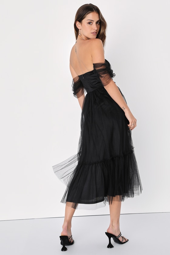 Black Tulle Dress - Off-the-Shoulder Tulle Dress - Midi Dress - Lulus
