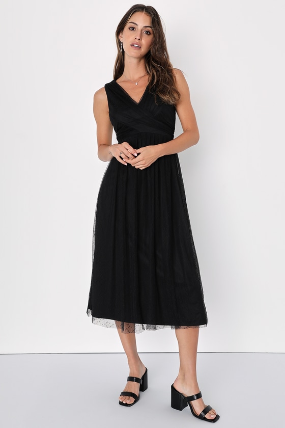 Lulus Mesmerized By You Black Dotted Tulle Midi Dress