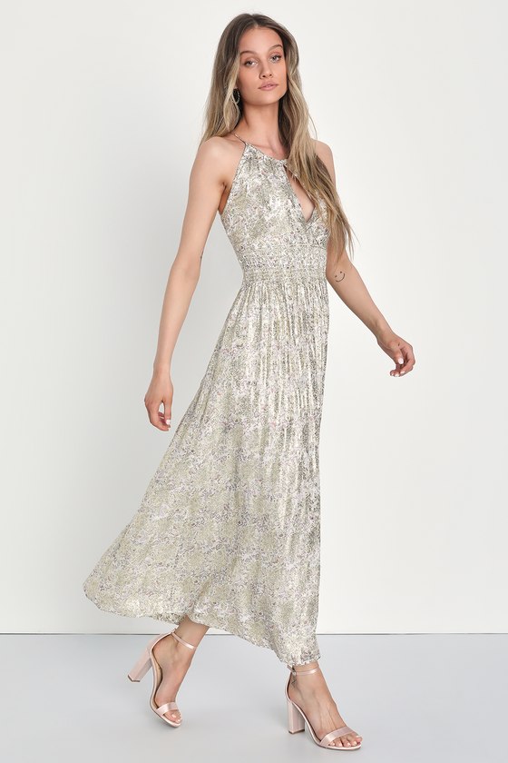 Lulus Beautiful Praise White And Gold Floral Print Cutout Maxi Dress