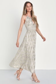 Beautiful Praise White and Gold Floral Print Cutout Maxi Dress