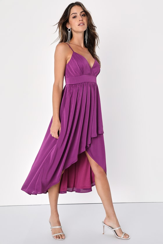 Lulus Beaming With Bliss Purple Striped Faux-wrap High-low Dress