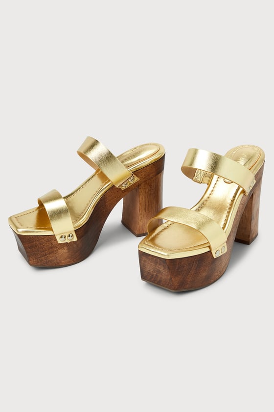 SCHUTZ PIXIE GOLD METALLIC LEATHER PLATFORM HIGH HEEL SLIDE SANDAL