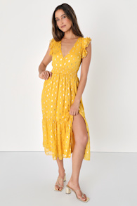 Cause to Celebrate Yellow and Gold Dot Ruffled Tiered Midi Dress 7