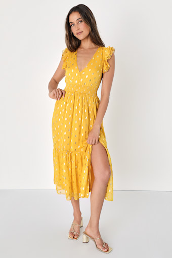 Cause to Celebrate Yellow and Gold Dot Ruffled Tiered Midi Dress 7