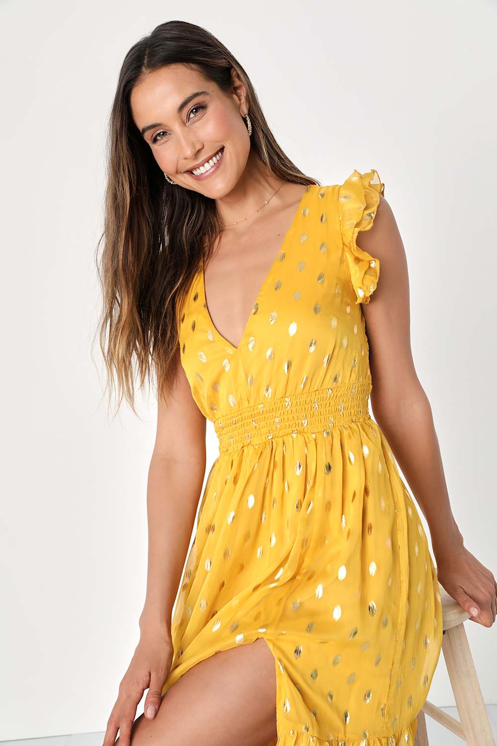 Cause to Celebrate Yellow and Gold Dot Ruffled Tiered Midi Dress