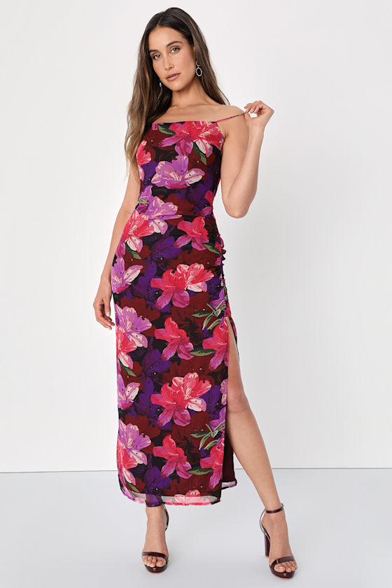 Fancy Florals Black Floral Print Ruched Column Midi Dress 7