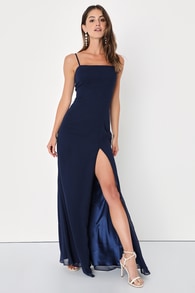 Feeling Elegant Navy Blue Lace-Up Slit Maxi Dress