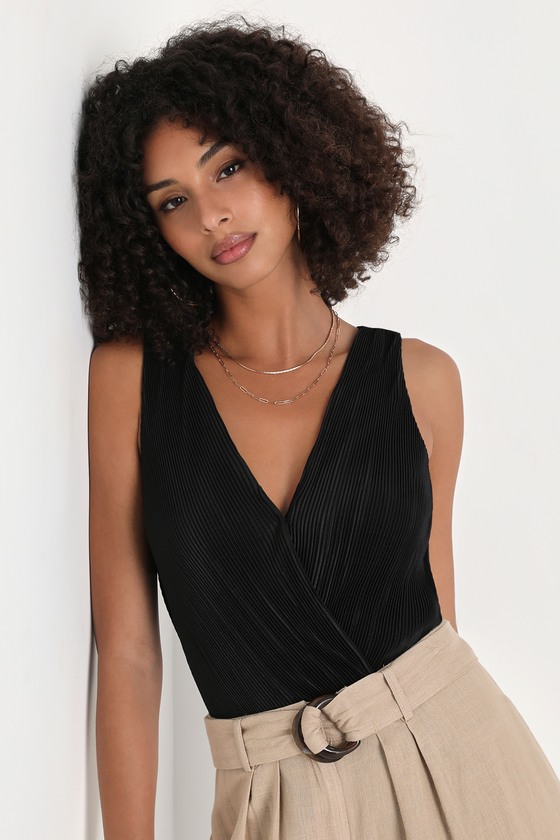 Black Satin Bodysuit - Plisse Bodysuit - Sleeveless Bodysuit - Lulus
