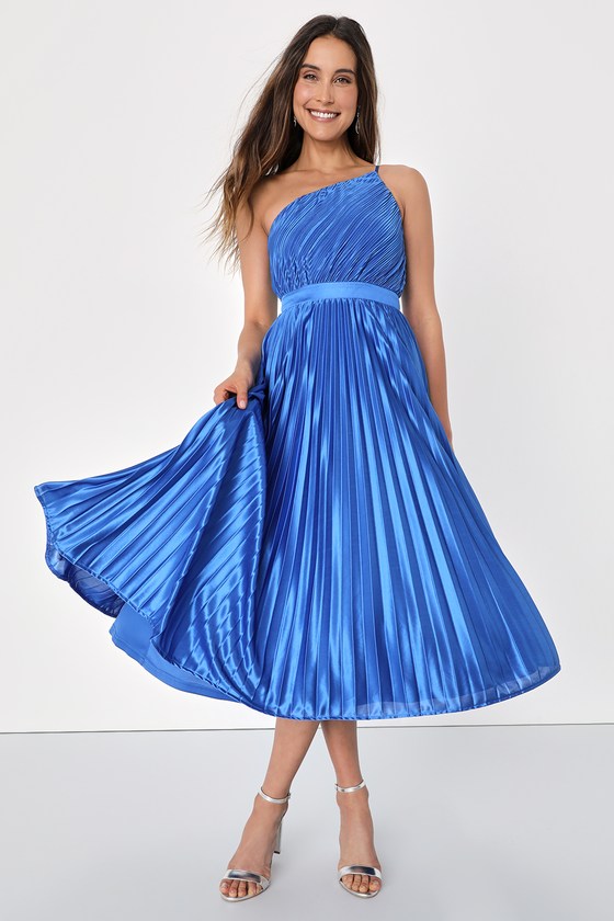 Alluring Marvel Royal Blue Pleated Satin One-Shoulder Midi Dress