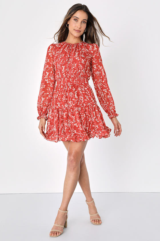 Too Cute Rust Red Floral Print Smocked Long Sleeve Mini Dress 7