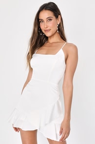 Romantic Angel White Satin Square Neck Ruffled Mini Dress