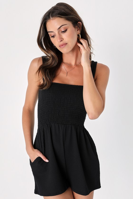 Lulus Social Calendar Black Ribbed Knit Smocked Romper