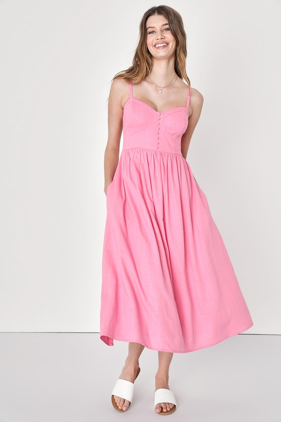 Feeling Adorable Pink Linen Bustier Midi Dress With Pockets
