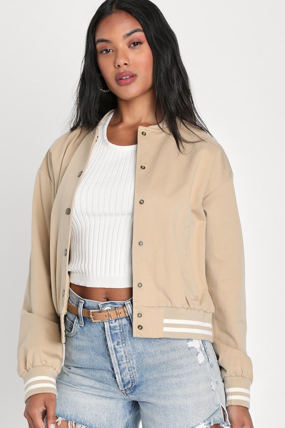 Beige Bomber Jacket - Twill Bomber Jacket - Cute Bomber Jacket - Lulus