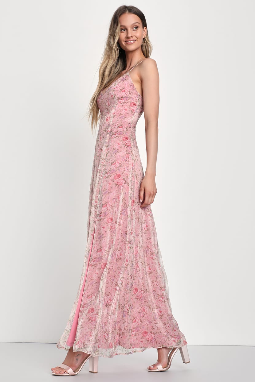 Forever Dreamy Pink Floral Organza Backless Maxi Dress