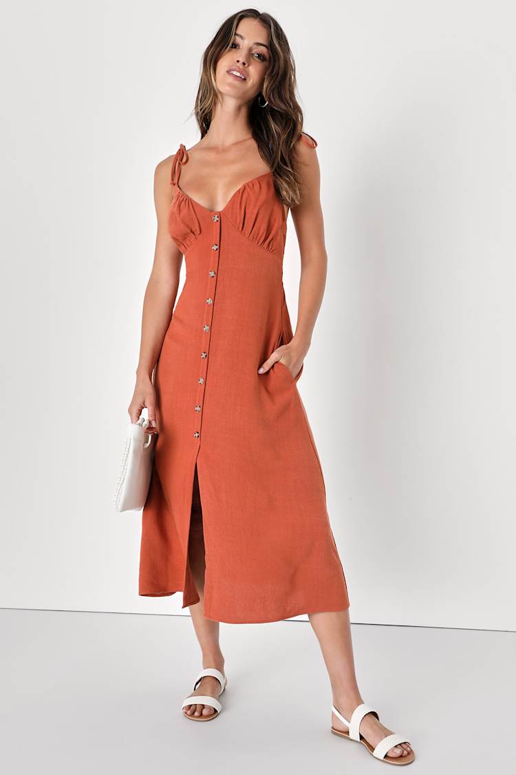 chinese dress ladies Rust Orange Mid-Length Linen Shirt Collar Dress main image 1