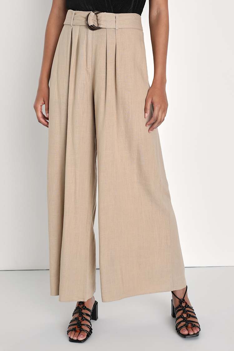 Beige Wide Leg Pants - Belted Wide Leg Pants - Cute Linen  display picture 3