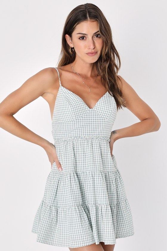 Lulus Pretty Picnic Sage Green Gingham Tiered Tie-back Skater Dress