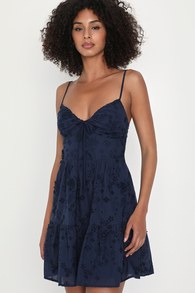 Adorable in Athens Navy Blue Eyelet Embroidered Mini Dress