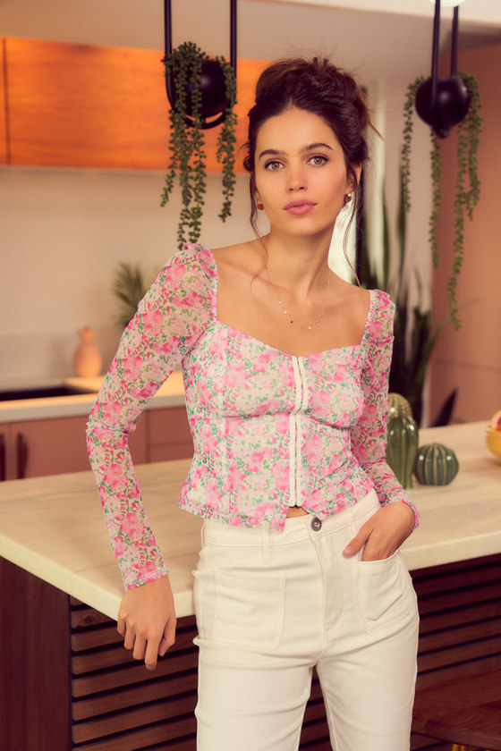 Floral mesh blouse cheap