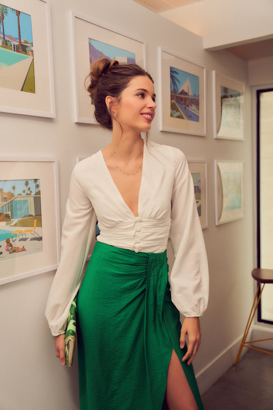 White Long Sleeve Blouse - Crinkle-Woven Blouse - Button-Up Top