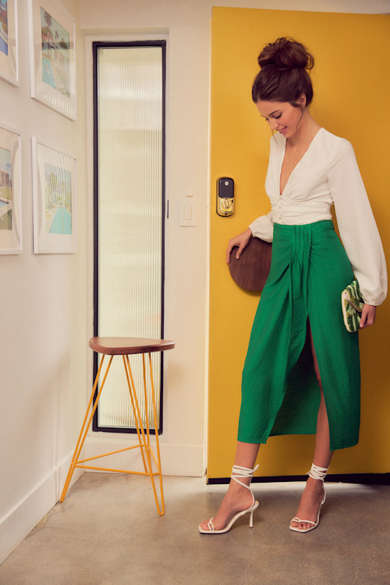 Green slit skirt with multicolour cut blouse main image 0