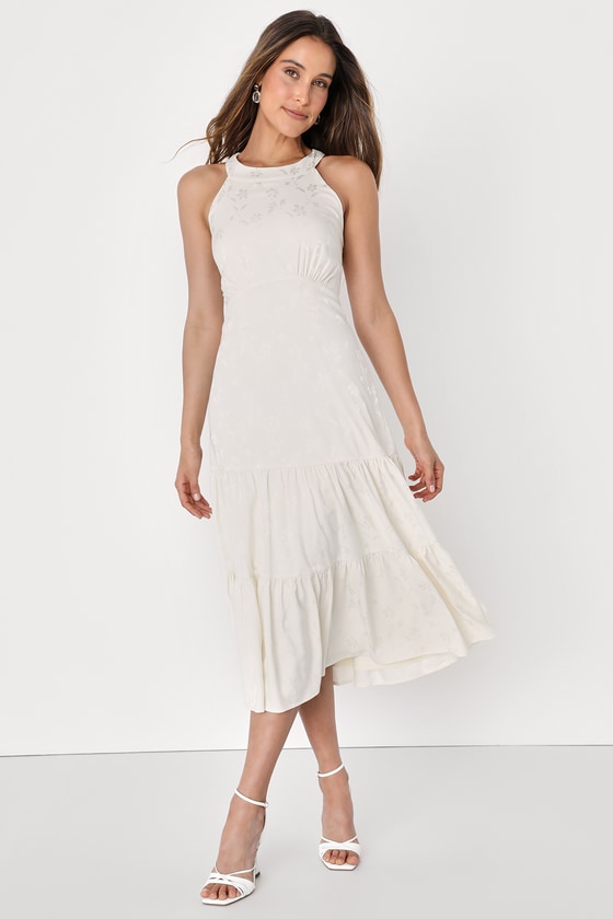 Ivory Satin Dress - Jacquard Midi - Backless Halter Midi Dress - Lulus