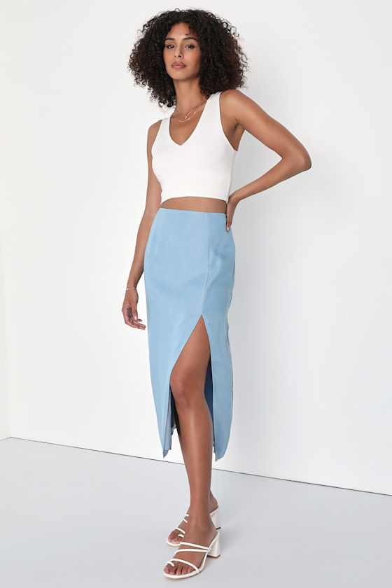 Light Blue Skirt Chambray HighRise Skirt Blue Midi Skirt Lulus