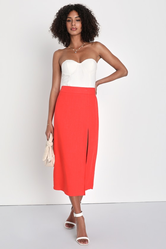 Lulus Effortless Aesthetic Coral Linen High-rise Midi Skirt