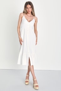 Santorini Sweetness White Backless Midi Dress With Pockets
