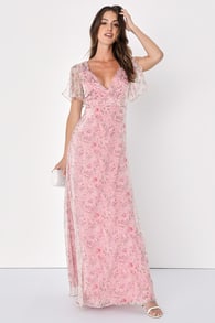 Dreamiest Desires Pink Floral Flutter Sleeve Organza Maxi Dress