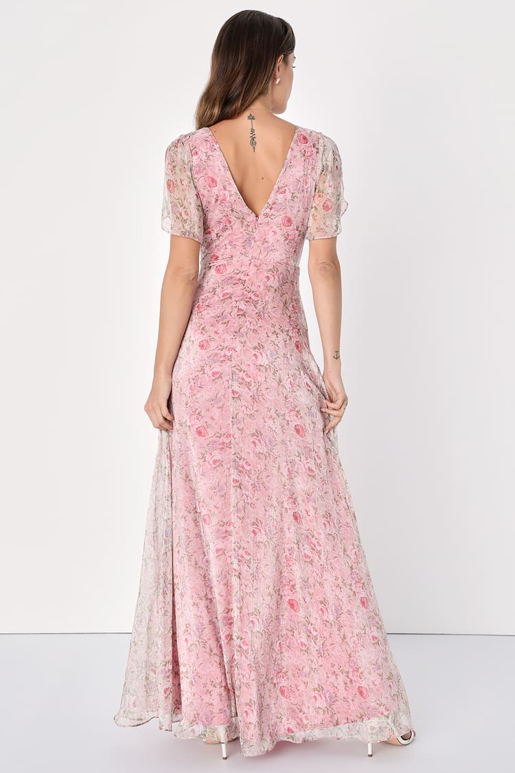 Dreamiest Desires Pink Floral Flutter Sleeve Organza Maxi Dress
