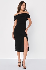 Luxe Attitude Black Off-the-Shoulder Bodycon Midi Dress