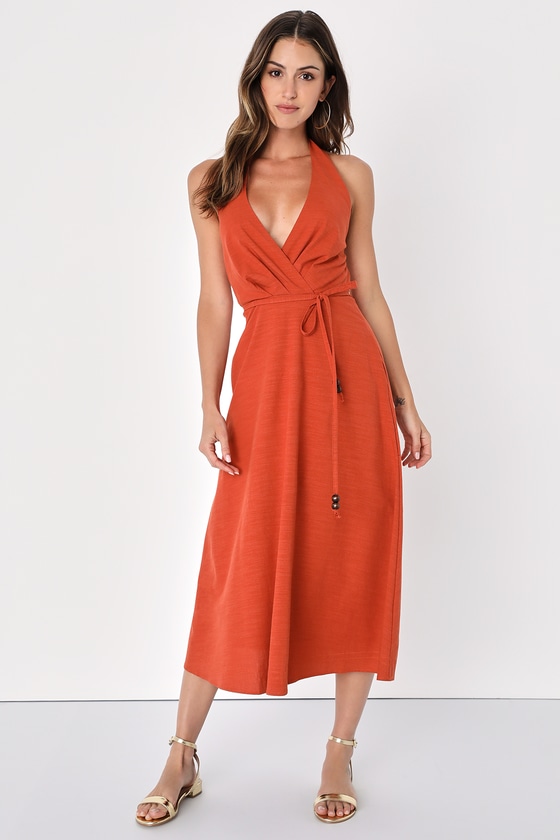 Lulus Vacay Aura Rust Orange Linen Halter Midi Dress With Pockets