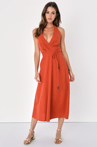 Vacay Aura Rust Orange Linen Halter Midi Dress With Pockets