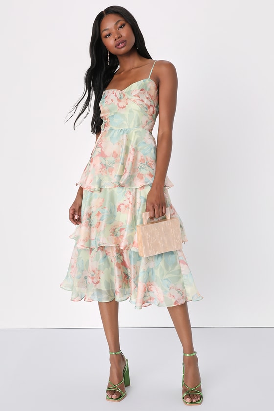 Lulus Darling Aesthetic Green Floral Print Tiered Midi Dress