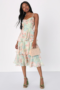 Darling Aesthetic Green Floral Print Tiered Midi Dress 1