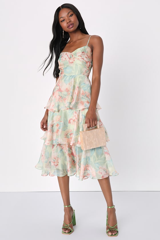 Green Floral Midi Dress Tiered Midi Dress Floral Dress Lulus
