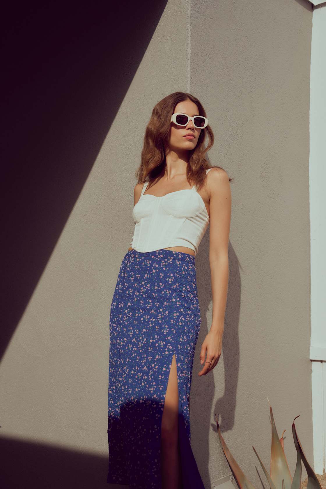 Sasha Floral Midi Skirt in Light Blue