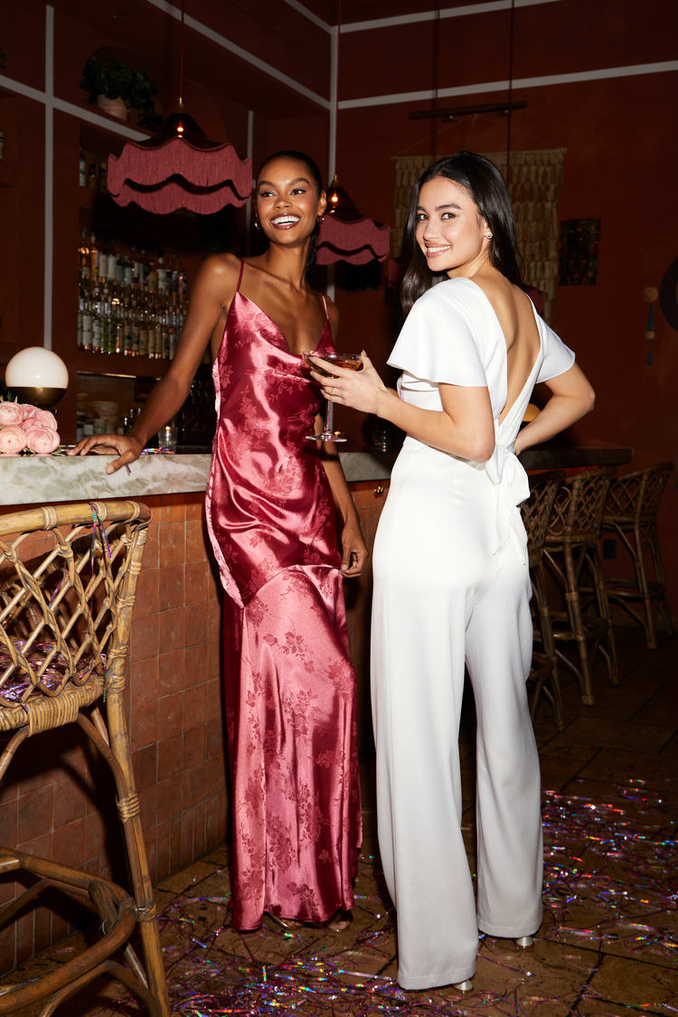 Pink Satin Jacquard Dress - Trumpet Maxi Dress - Cowl Neck Dress - Lulus