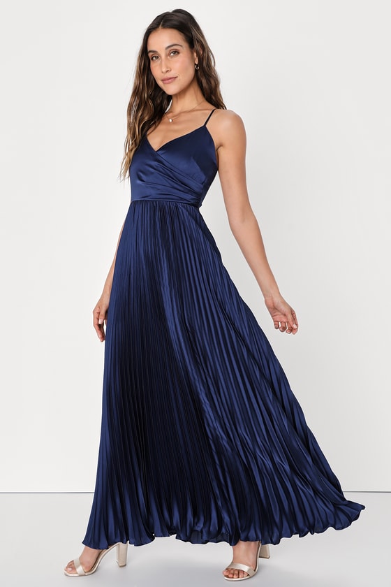 Precious Sentiments Navy Blue Pleated Tie-Back Maxi Dress