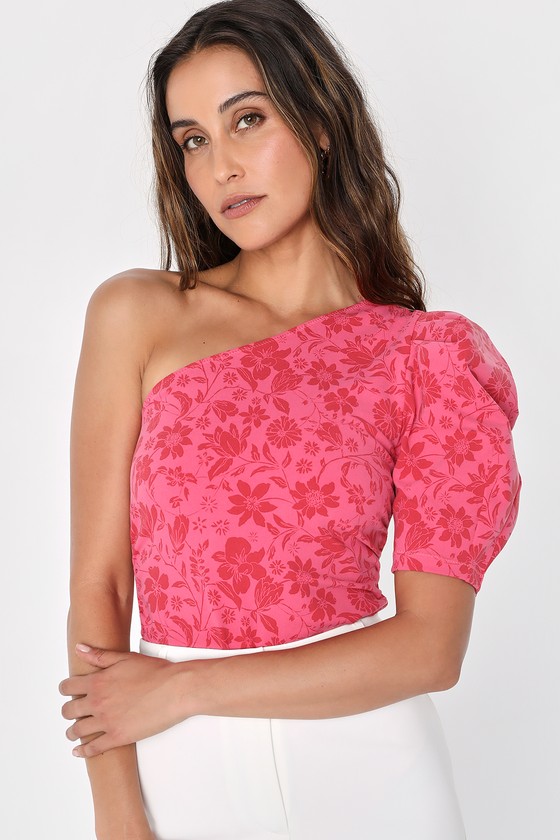 FREE PEOPLE SOMETHING BOUT YOU HOT PINK FLORAL ONE-SHOULDER BODYSUIT