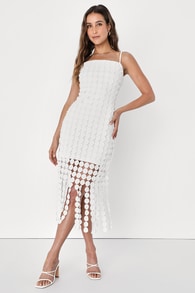 Fun Fascination White 3D Dot Sleeveless Fringe Midi Dress