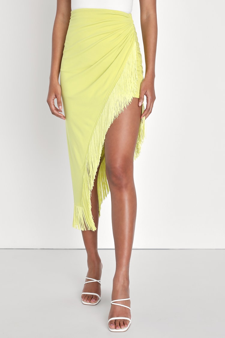 Festive Flirt Lime Green Ruched Fringe Midi Skirt