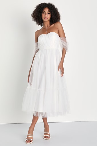Divine Dreamer White Tulle Off-the-Shoulder Tiered Midi Dress
