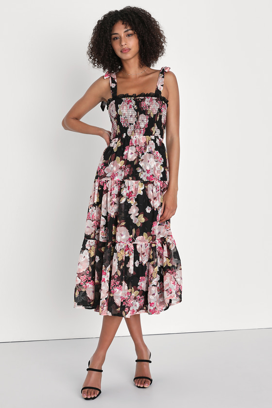 Tie-Strap Midi Dress - Black Floral Dress - Tiered Midi Dress - Lulus