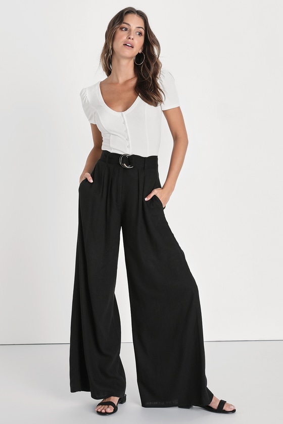 Effortless Appearance Black Linen Belted Wide-Leg Pants