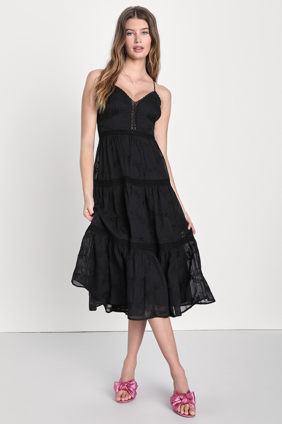 Black Embroidered Dress - Lace Backless Dress - Tiered Midi Dress - Lulus