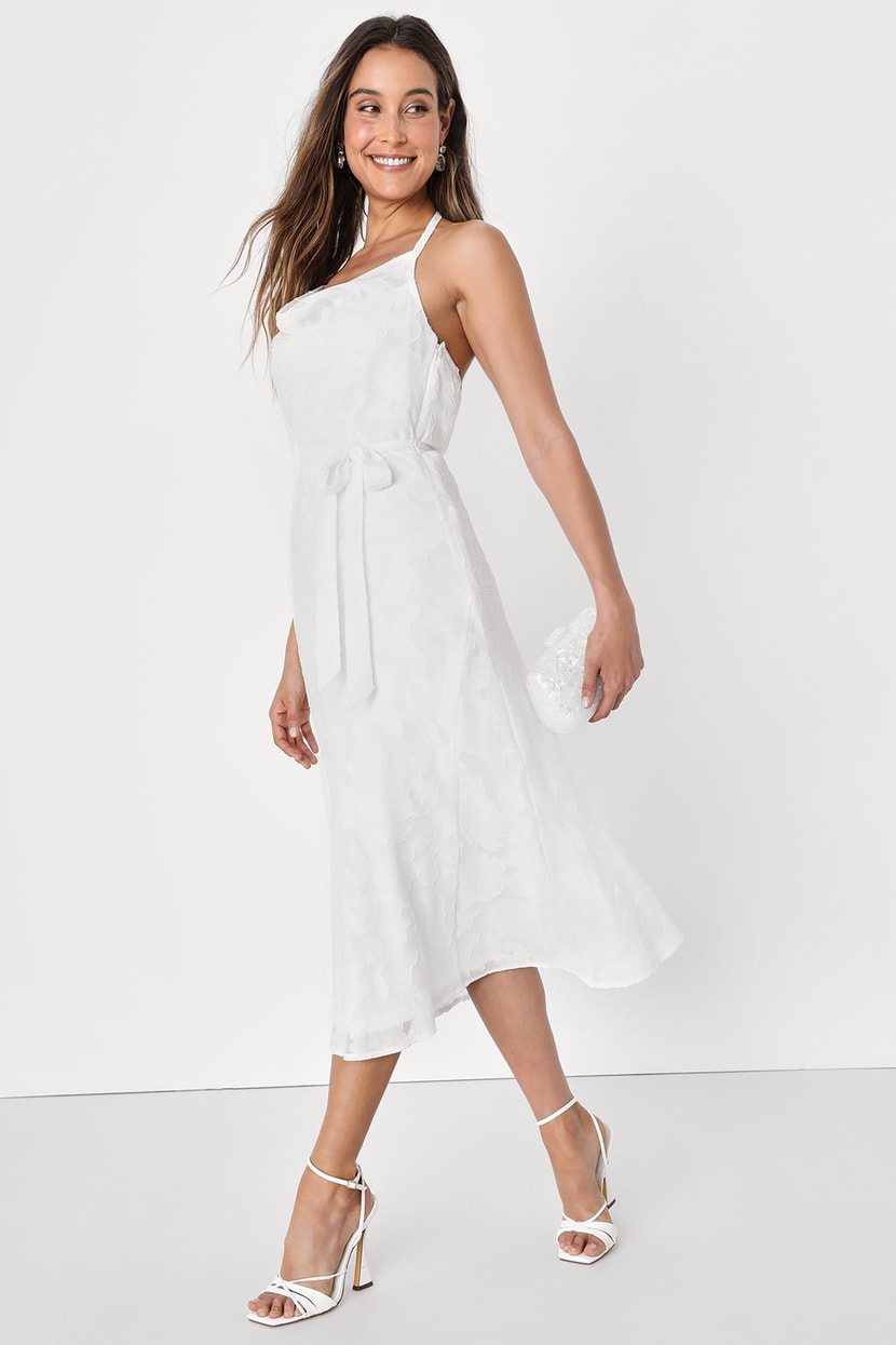 Formal Dress: 7051. Long White Dress, Cowl Neck, Fit N Flare