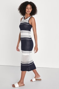 Mornings in Mykonos White and Navy Blue Striped Knit Midi Dress